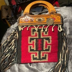 Handmade Chimayo weaving purse with bronze metallic fringe